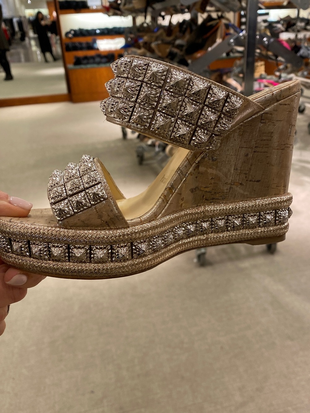 Christian Louboutin Metallic Taupe Crystal Cork Wedge Sandals